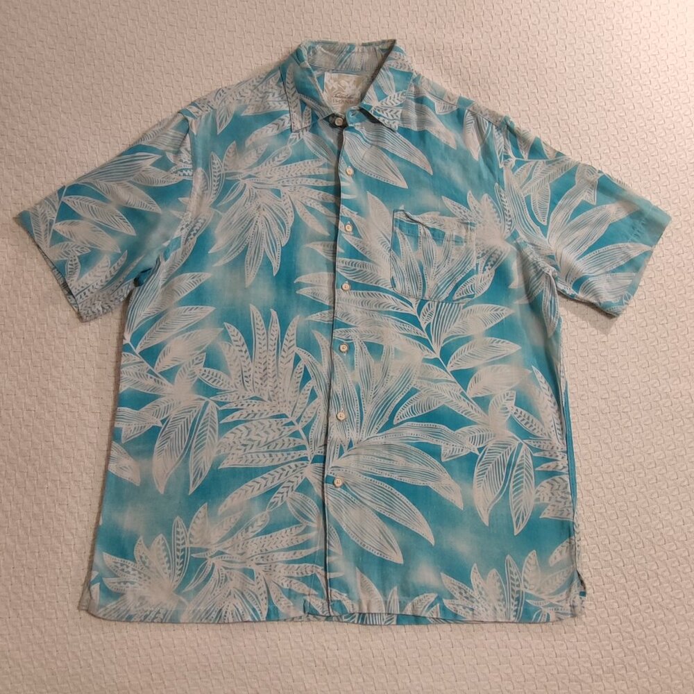 Tasso Elba Island Shirt Men's Size M Blue White Hawaiian Silk Linen Shirt